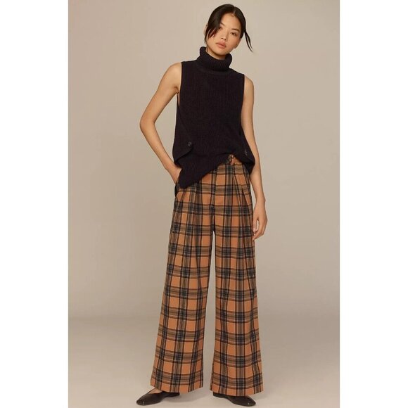 The Avery Elastic-Back Trousers by Maeve Brown Beige Plaid XL - Picture 4 of 4